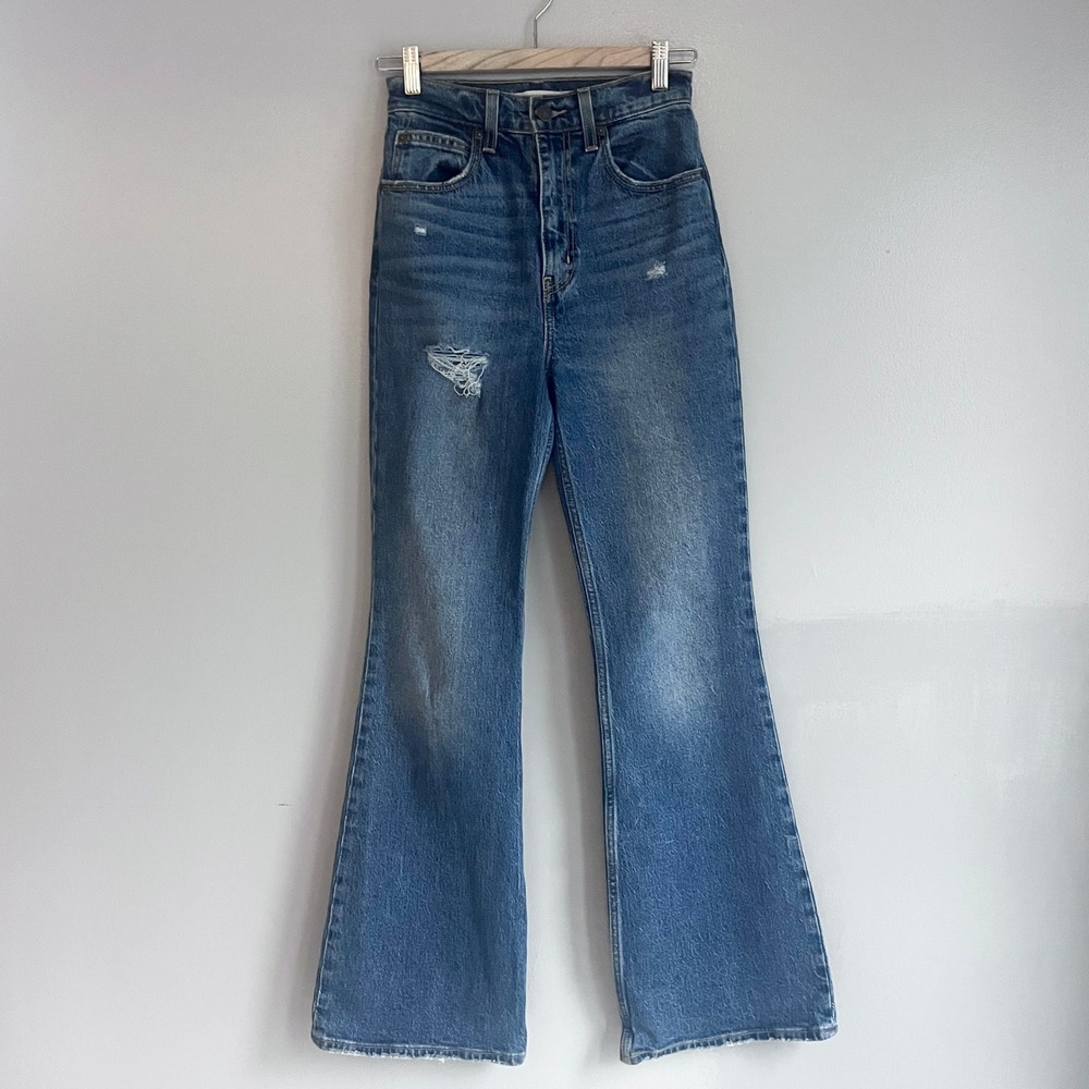 Levis Premium 70s High Flare Jeans Womens Distressed Big E Blue Denim Size 24